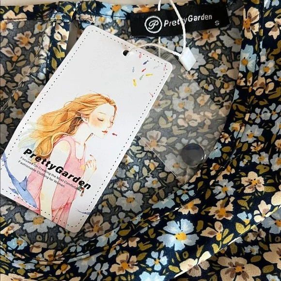 PrettyGarden Floral Ruffle Tiered Midi Dress Blue/Tan Size Small NWT - Picture 7 of 8